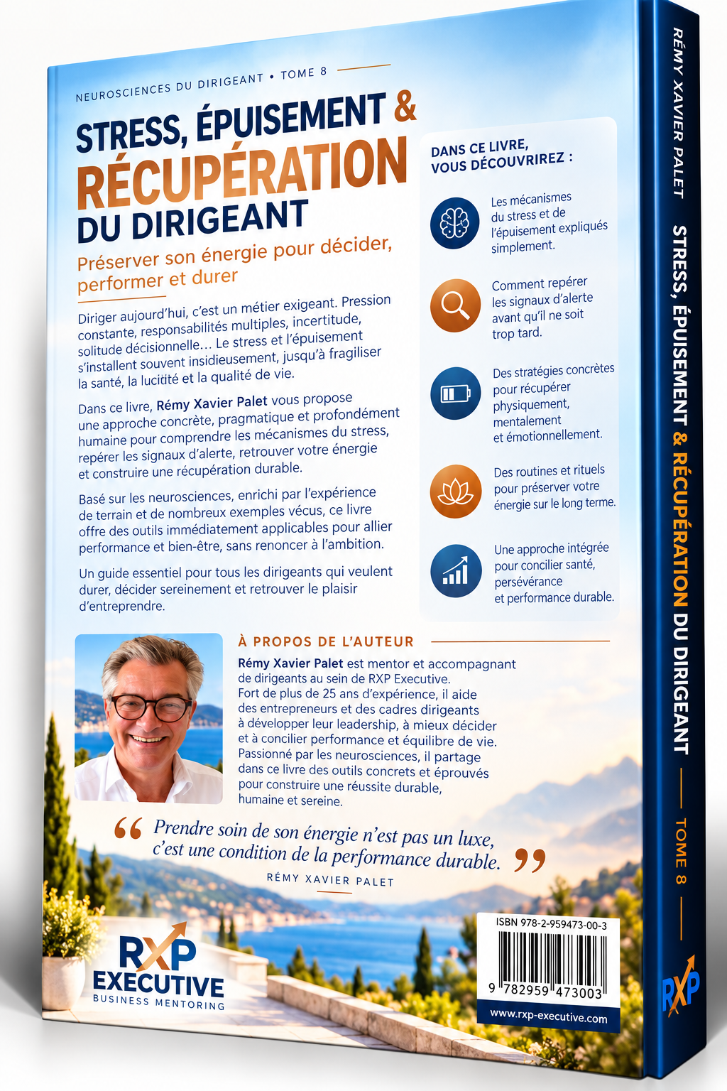 Quatrième de couverture 3D — Stress, épuisement & récupération du dirigeant — Tome 8